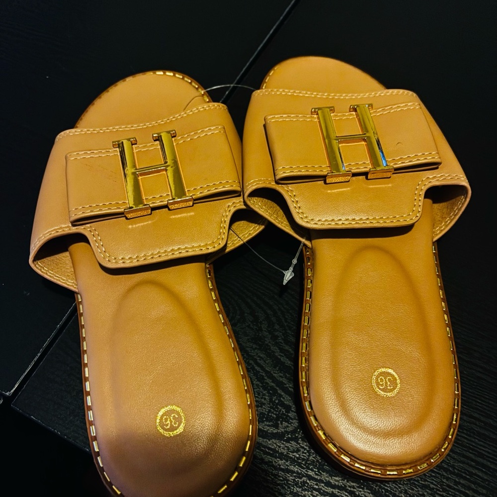 Tan Slide Sandals with Gold Accent